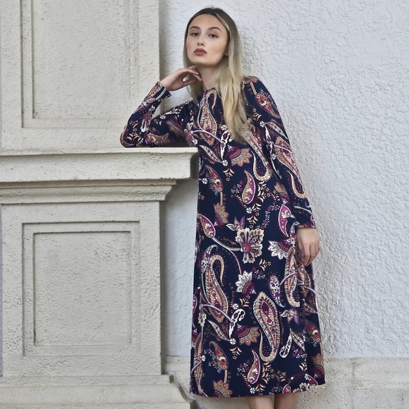 DEVORAH'S SECRET Modest Midi Dress Paisley Navy & Pink Regular&Plus Sizes - Picture 4 of 6